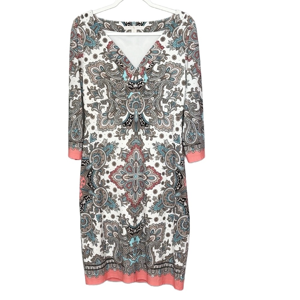 Boston Proper White Paisley-Print Mini Dress with Coral Accents